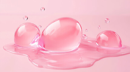 Fototapeta premium Pink transparent soap or cleansing gel drops with texture. Realistic 3d vector illustration set of serum water or liquid cosmetic droplet. Circular beauty product cream splash and jelly smears.