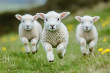 Fototapeta premium Three lambs running on green meadow in springtime