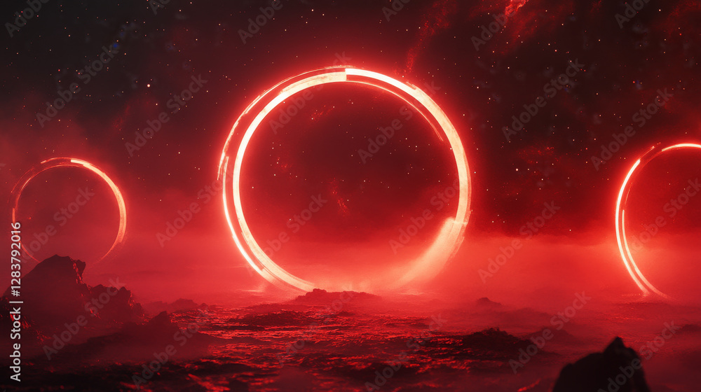 Poster red circle frames set isolated on transparent background. vector realistic illustration of round neo