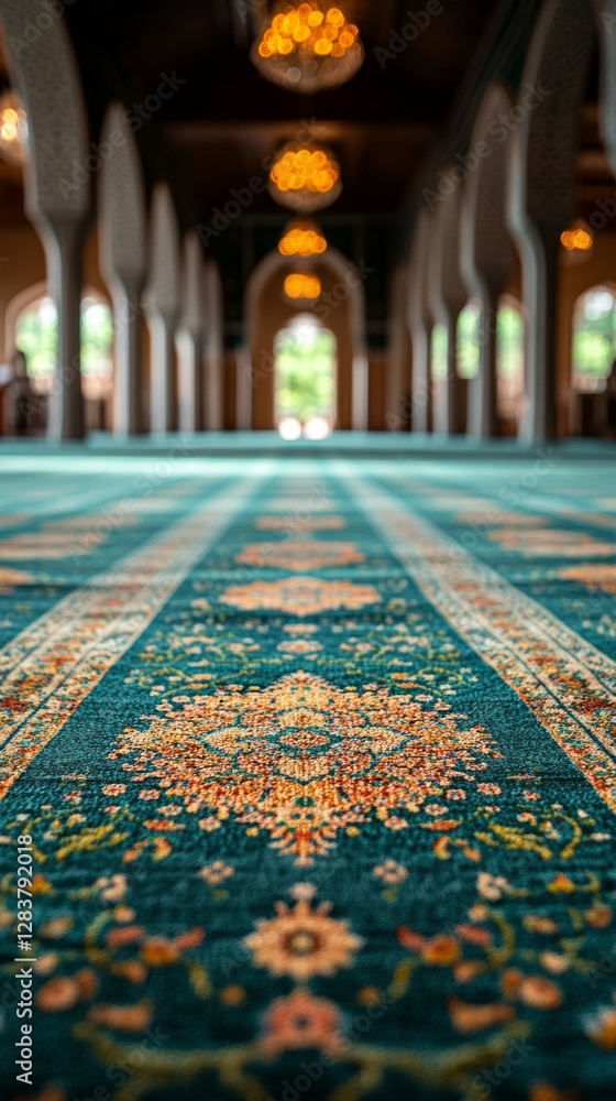 Poster the intricately designed carpet fills the mosque interior, showcasing vibrant patterns and hues that