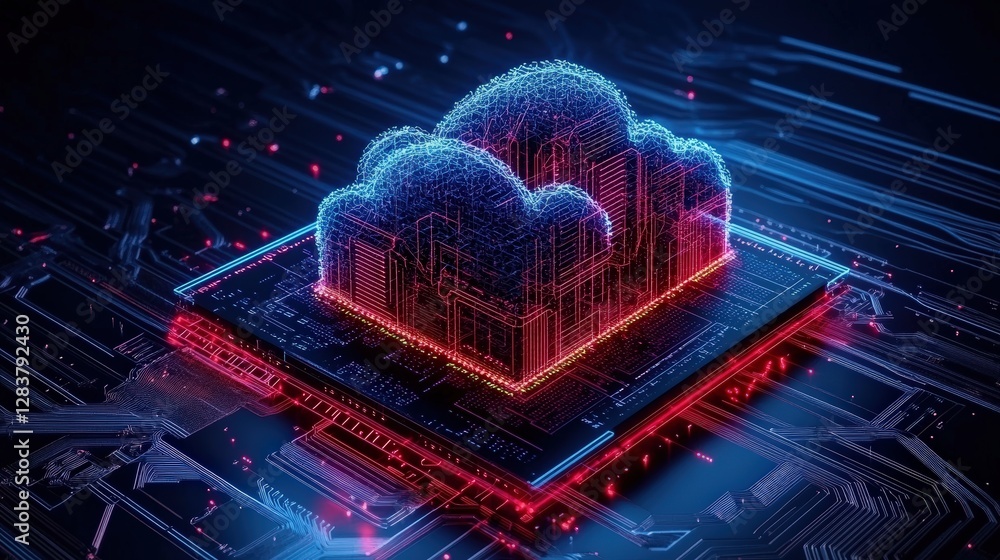 Poster cloud computing processor with red and blue lights in a digital data center environment