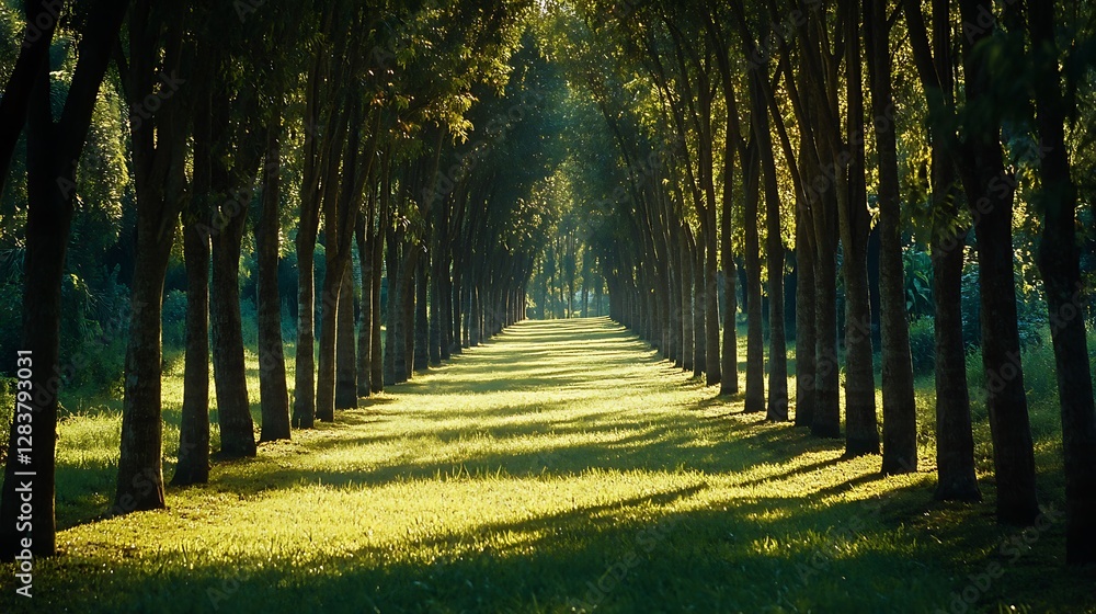 Poster tree lined pathway with sunlight creating a serene forest walk