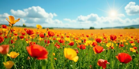 A carpet of colorful poppies in a meadow field, Poppies, Yellow, Flowers