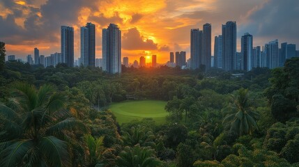 Sunset over city park golf course