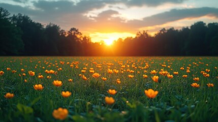 Fototapeta premium Sunset over field of wildflowers