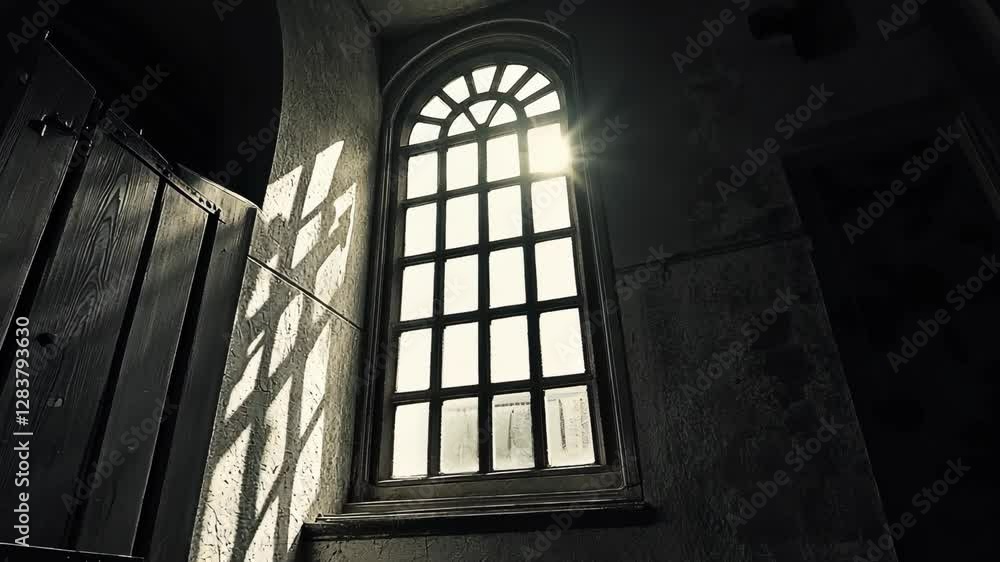 Poster sunlight streaming through an old window illuminates textured walls in a historic building
