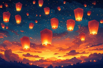 Sky lanterns ascend at sunset fiery sky enchanting scene