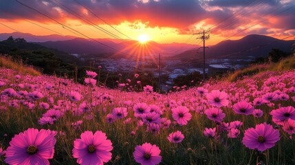 Obraz premium Sunset over cosmos field, mountains, town