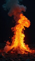 A blast of flames and smoke engulfs the scene in darkness, black background, splatter