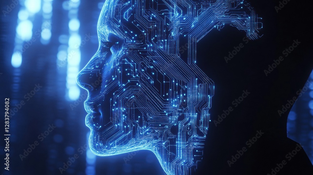Aufkleber Futuristic silhouette of a human head with glowing circuit board pattern blending technology and artificial intelligence design. Generative AI