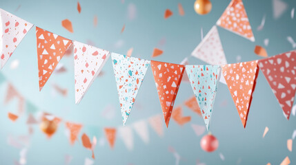 Obraz premium Triangle party garland with ornaments. Realistic 3d vector flag bunting for birthday or carnival design. Funfair hanging triangular paper pennant string. Holiday event festive decoration with pattern.