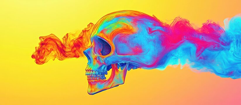 Colorful skull, vibrant smoke, yellow background, digital art, psychedelic design