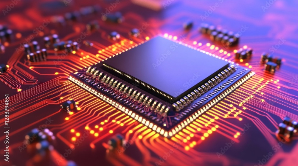 Poster close-up of a microchip on a circuit board: technology's core