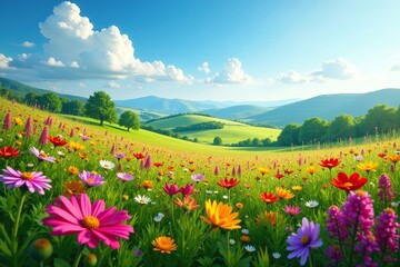 Fototapeta premium A carpet of colorful wildflowers covers the rolling hills, wildflowers, natural scenery,