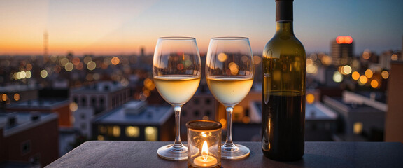 Romantic evening rooftop dinner with wine at sunset, luxurious ambiance