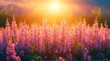 Sunset over pink flower field