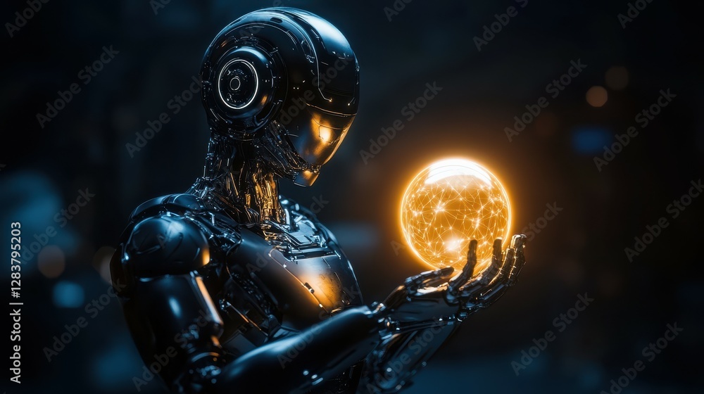 Aufkleber futuristic android holding glowing orb in dark sci-fi setting