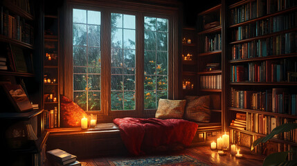 Cozy window nook with rainy view and candlelit ambiance in home library. Flickering Candlelit Library. Illustration