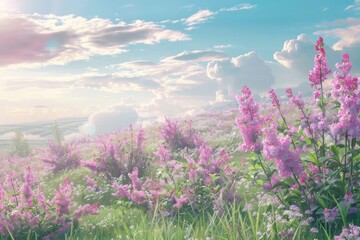 Purple lavender flowers on sunny beautiful nature spring background. Summer scene with fresh lavandula flower of lilac color. Neural network ai generated