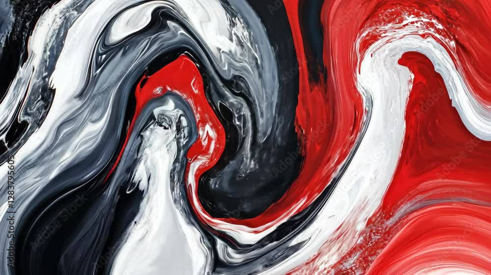 Poster abstract swirling patterns in red, black, white, and gray paint creating a dynamic art piece