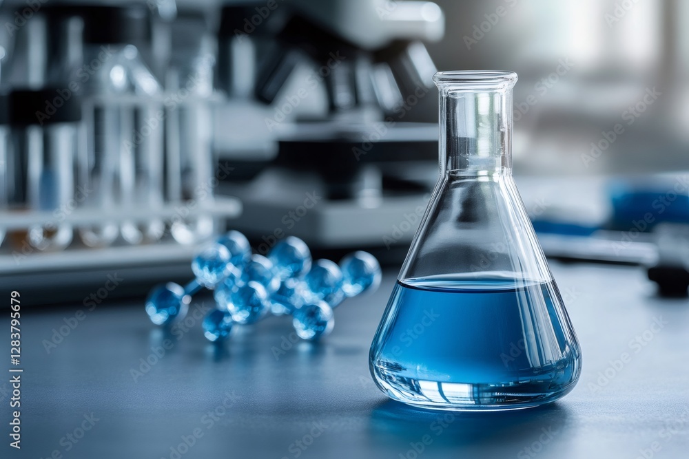Poster erlenmeyer flask containing blue liquid stands on laboratory table