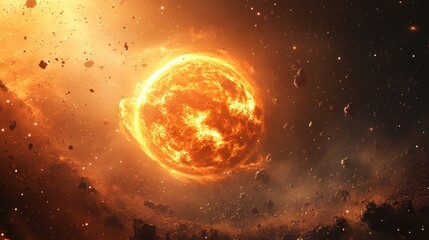 Obraz premium Fiery star explosion in cosmic dust cloud