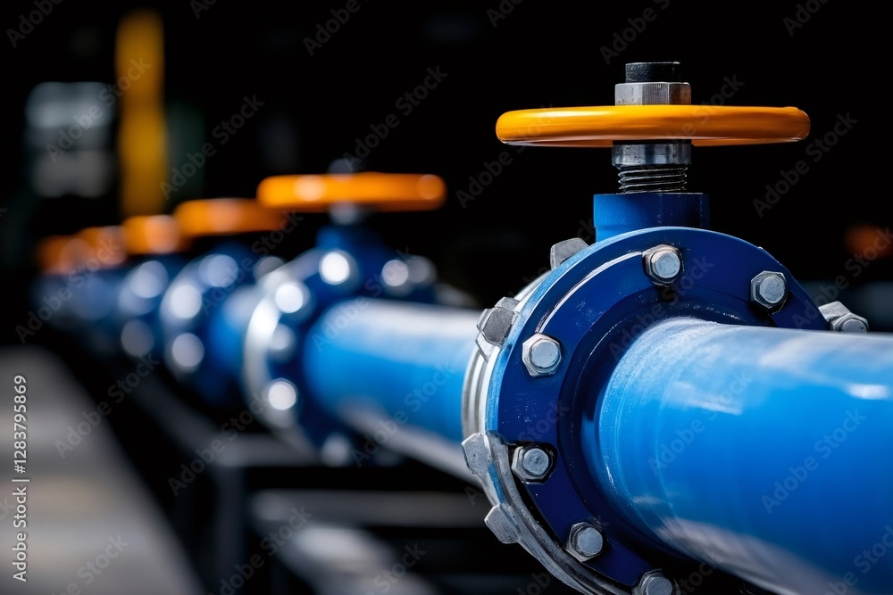 Poster industrial pipes with valves controlling flow in factory setting