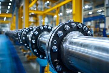 Industrial pipeline system connecting metal pipes with flanges and bolts in modern factory