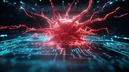 Red and blue light explosion with circuit board technology background