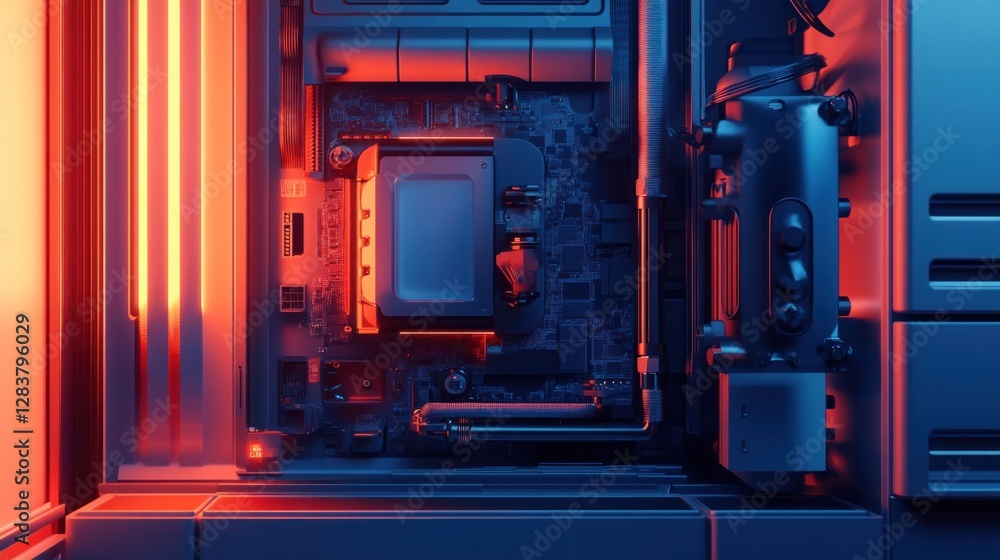Poster abstract futuristic technology: a close-up view of a vibrant, high-tech computer motherboard with ne