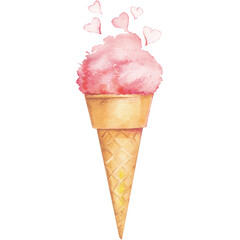 Watercolor illustration of pink ice cream in a cone with hearts