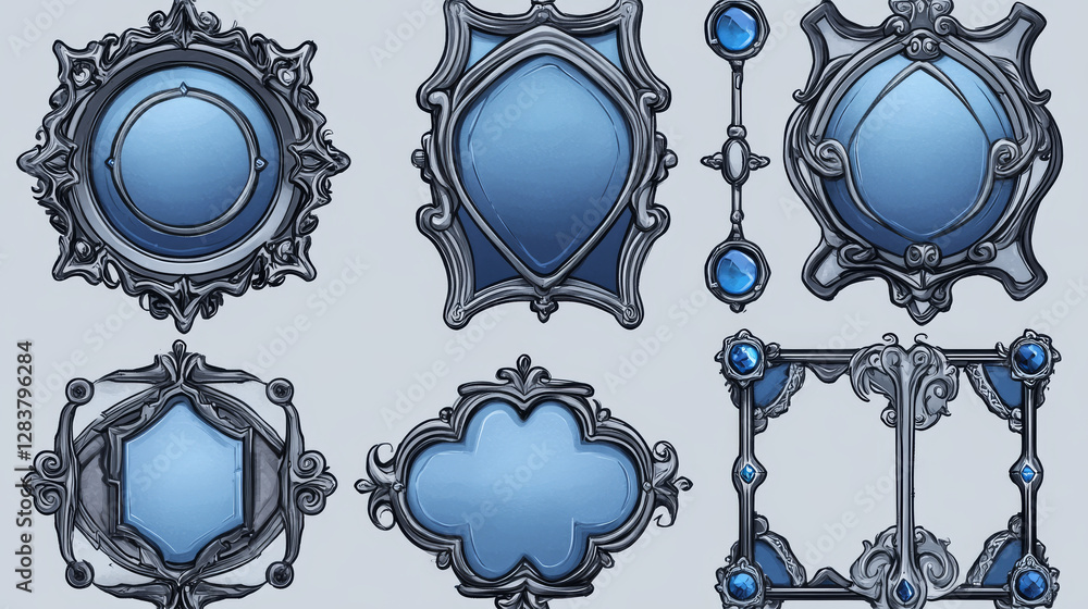 Poster silver game frames, medieval ui borders. round, hexagon and rhombus textured gui elements with ornat