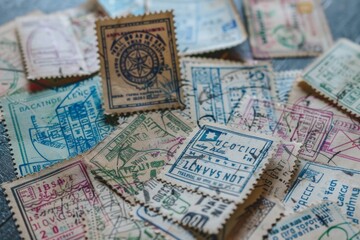 Selective focus on a collection of fictional used postage postmarks and stamps. Neural network ai generated