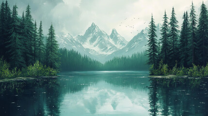 Rain in coniferous forest with lake and mountains