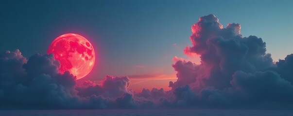 A large red orb in the western sky with clouds, blue, red, natural