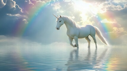 Majestic unicorn in sunlit cloudscape with rainbow over water