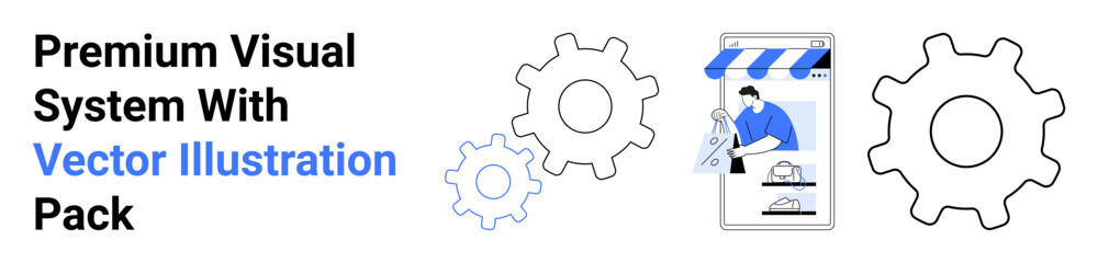 Smartphone with storefront illustration surrounded by gears, symbolizing system setup. Ideal for e-commerce, mobile apps, web design, technology, software, innovation, flat landing page banner