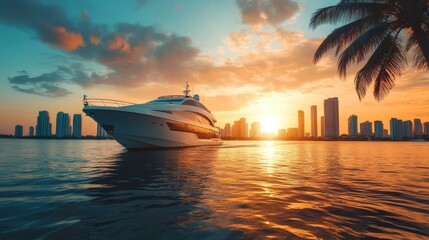 Naklejka premium Luxury yacht sailing towards miami skyline at sunset with palm tree
