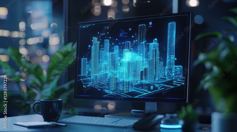 Poster futuristic cityscape visualization on computer screen with design elements and greenery in modern wo