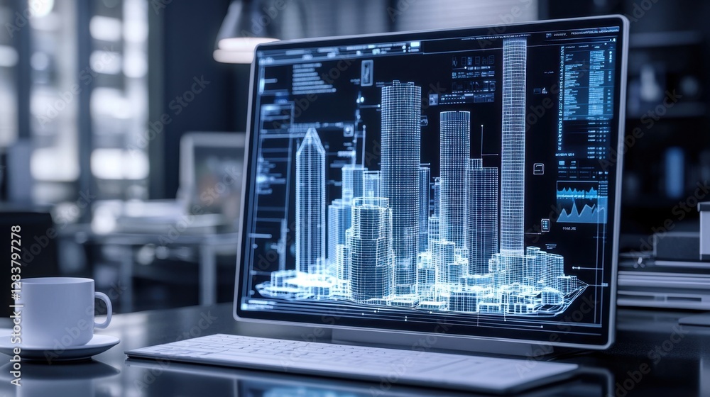 Poster high-tech architectural design on computer screen with blueprints of city skyline featuring modern s