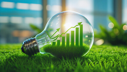 Light bulb on lush green grass contains a rising business chart, symbolizing the idea of economic growth through renewable energy. The softly blurred background enhances sustainability.