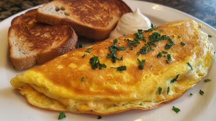 a fluffy omelet filled with gooey melted cheese, folded perfectly on a plate, garnished with fresh herbs and served with a side of toast. 
