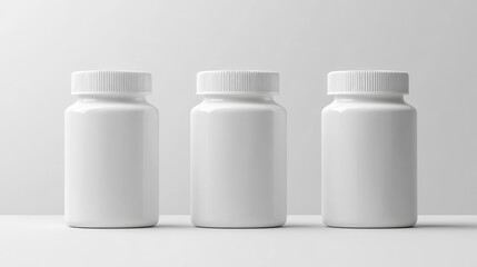 White plastic pill bottle mockup. Realistic 3d vector illustration set of vitamin or supplement jar template. Closed package container for medicine with cap. Pharmacy cylinder packaging canister.