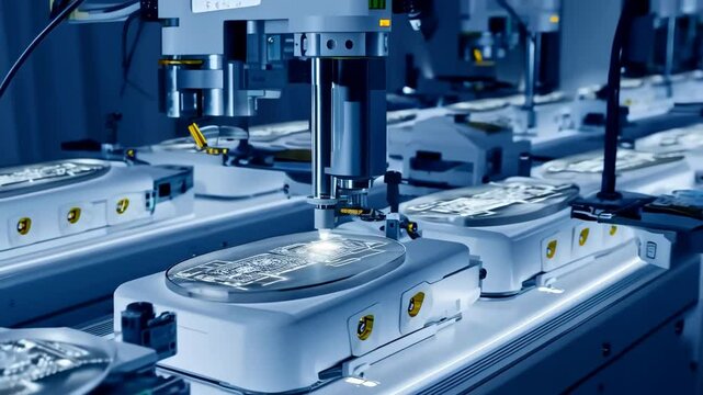 Robotic arms handling delicate silicon wafers during advanced semiconductor manufacturing, highlighting precision engineering in modern technological production facility