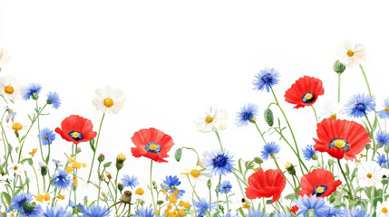 Fototapeta premium Template card for greeting, invitation, wedding, birthday, Easter with flowers chamomile, cornflowers and red poppy