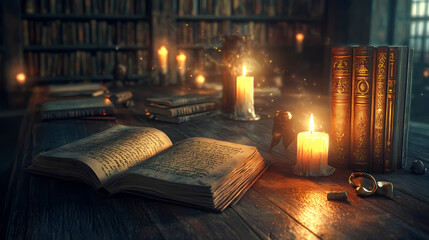 Wizards library of forgotten enchantments antique parchment manuscripts glowing arcane symbols flickering candles weathered wooden desks. Flickering Candlelit Library. Illustration