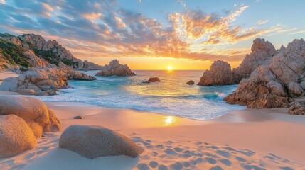 Coastal sunrise beach with dramatic rocky cliffs