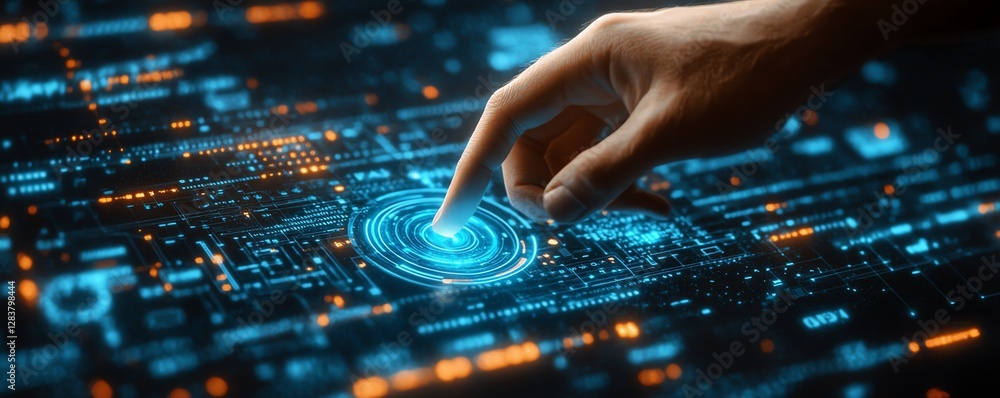 Poster a hand interacting with a digital interface, pressing a button that triggers customer satisfaction t
