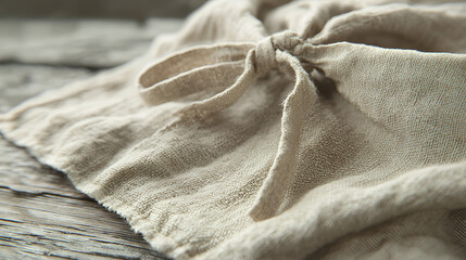 Neutral linen cloth is knotted on a rustic wood surface. The texture is organic and visually appealing.