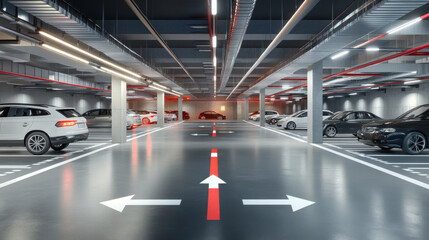 Underground car parking, garage with vehicles and vacant places. Area for transport in building basement with columns and guiding arrows show way to exit, infrastructure. Cartoon vector illustration